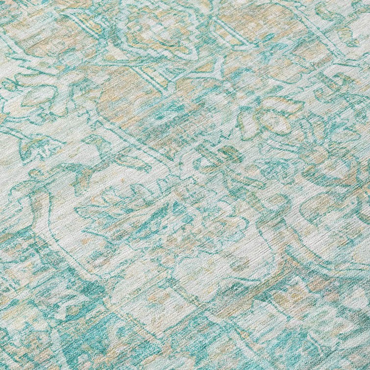Teal Rectangular Washable Synthetic Traditional Persian Rug 3' x 5'