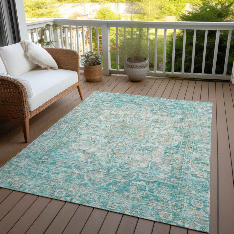 Teal Rectangular Washable Synthetic Traditional Persian Rug 3' x 5'