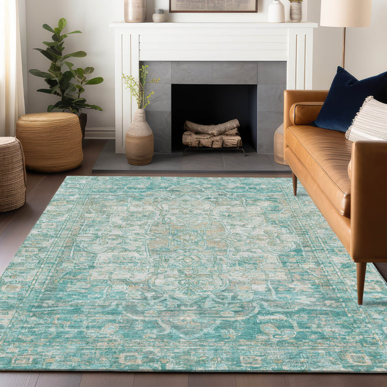 Teal Rectangular Washable Synthetic Traditional Persian Rug 3' x 5'
