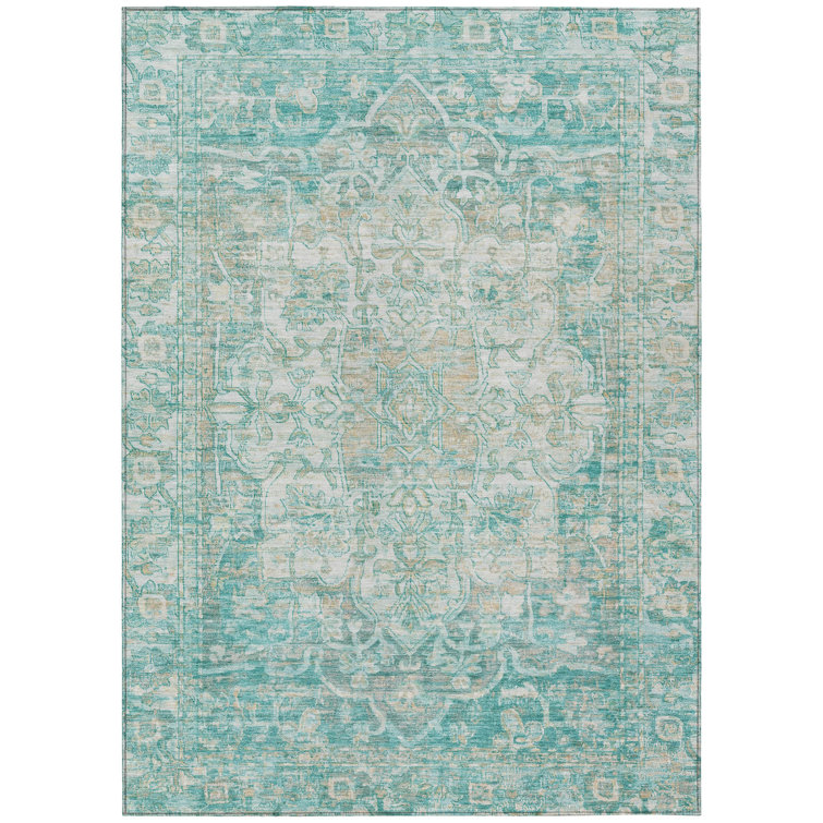 Teal Rectangular Washable Synthetic Traditional Persian Rug 3' x 5'