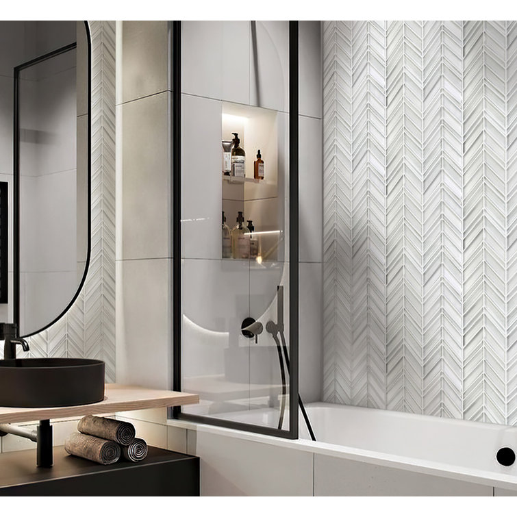 White Chevron Polished and Matte Glass Mosaic Tile