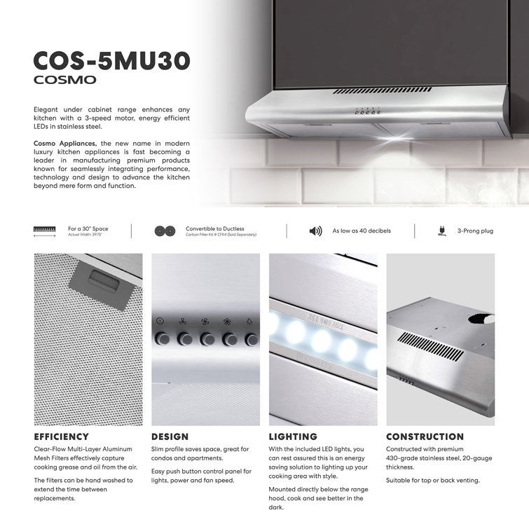 Cosmo 30'' Stainless Steel Convertible Under Cabinet Range Hood