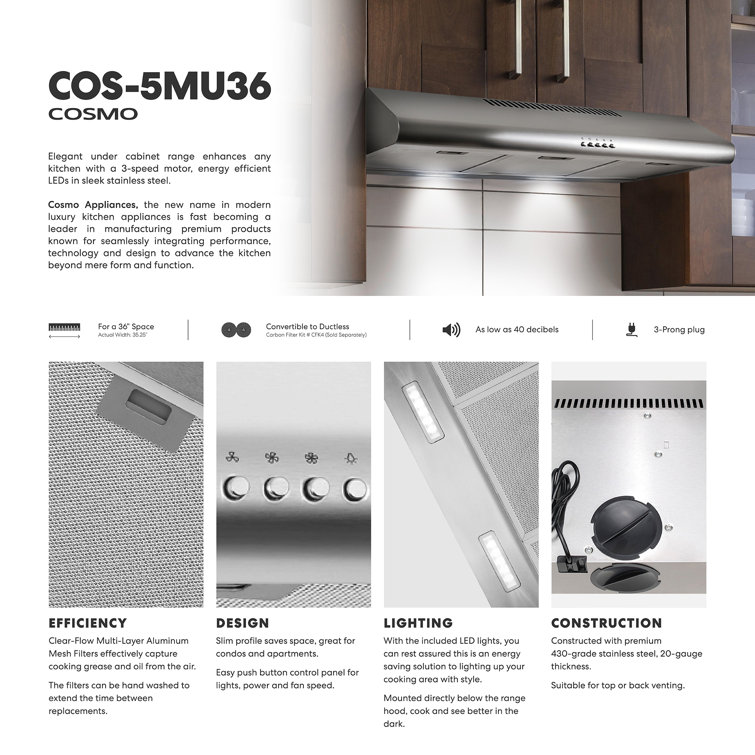 Cosmo 36" Stainless Steel Convertible Under Cabinet Range Hood