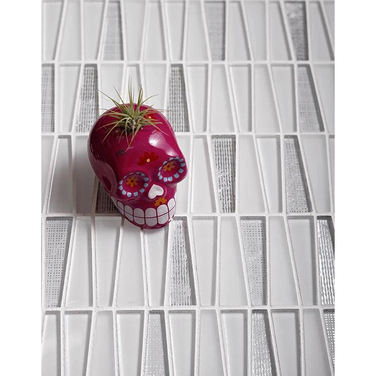 Silver and White Geometric Glass Mosaic Wall Tile