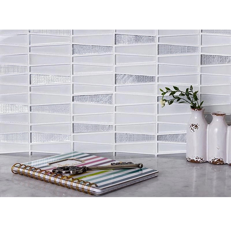Silver and White Geometric Glass Mosaic Wall Tile