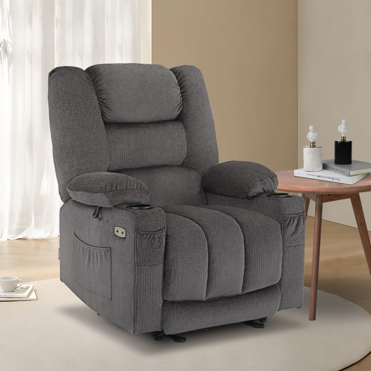 Gray Polyester Blend Power Recliner with Heat and Massage