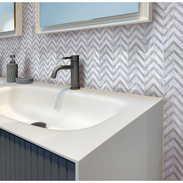 Gray and White Chevron Polished Marble Mosaic Tile