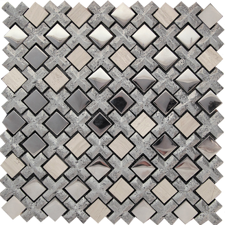 11" x 11" Silver and Beige Glass Resin Stone Mosaic Tile