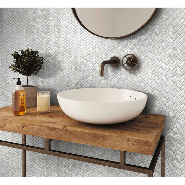 11.2" White Polished Shell Herringbone Mosaic Tile