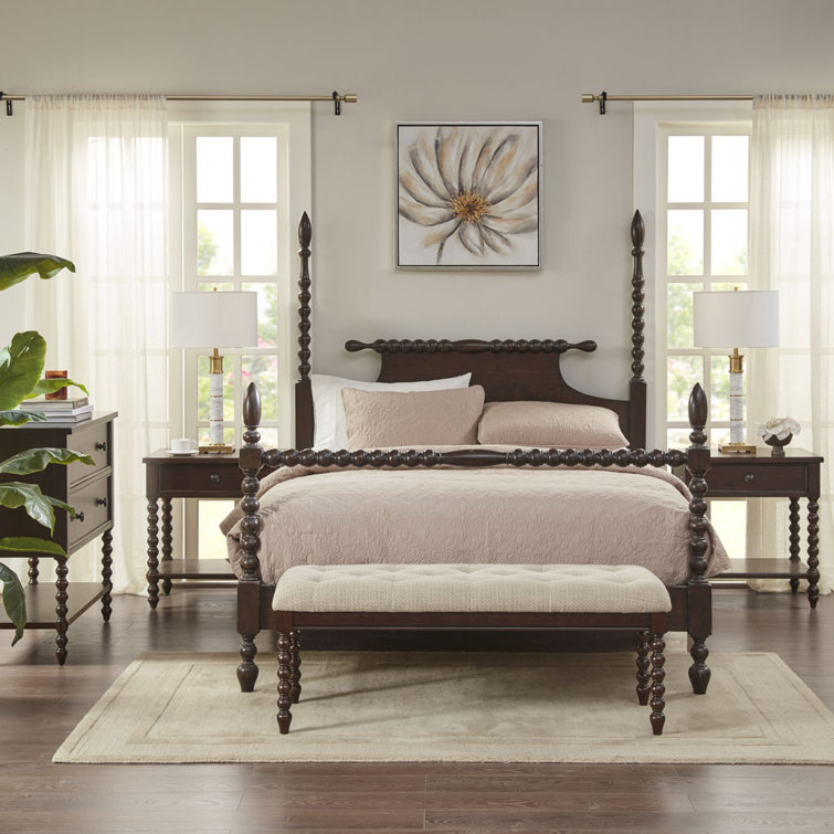 Beckett Deep Brown Acacia Queen Poster Bed with Rolling Pin Headboard