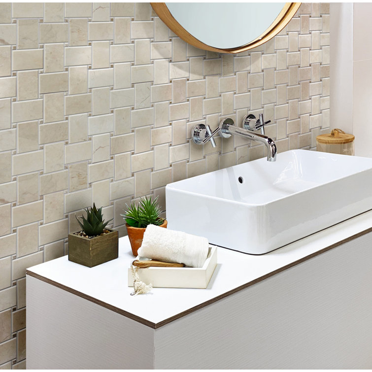 11" x 11" Beige Polished Marble Basketweave Mosaic Tile