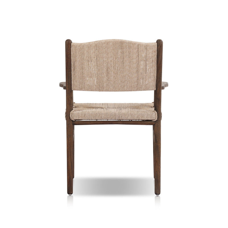 Vintage White and Saddle Brown Woven Teak Outdoor Dining Armchair