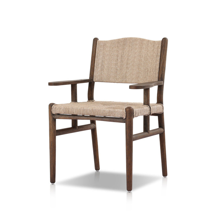 Vintage White and Saddle Brown Woven Teak Outdoor Dining Armchair