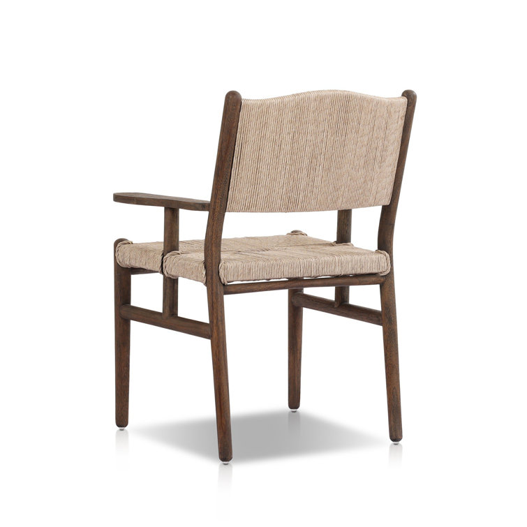 Vintage White and Saddle Brown Woven Teak Outdoor Dining Armchair