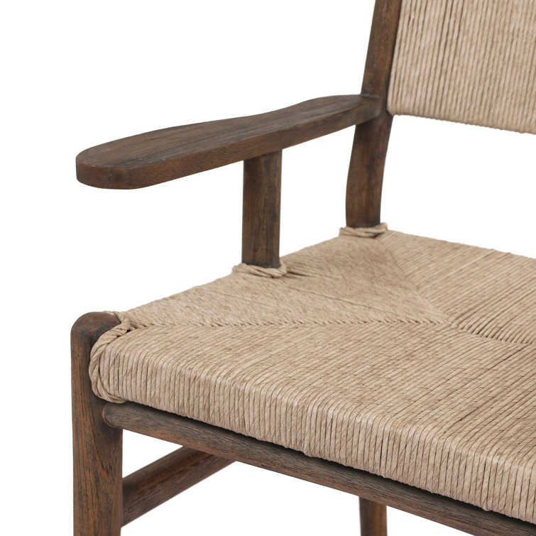 Vintage White and Saddle Brown Woven Teak Outdoor Dining Armchair