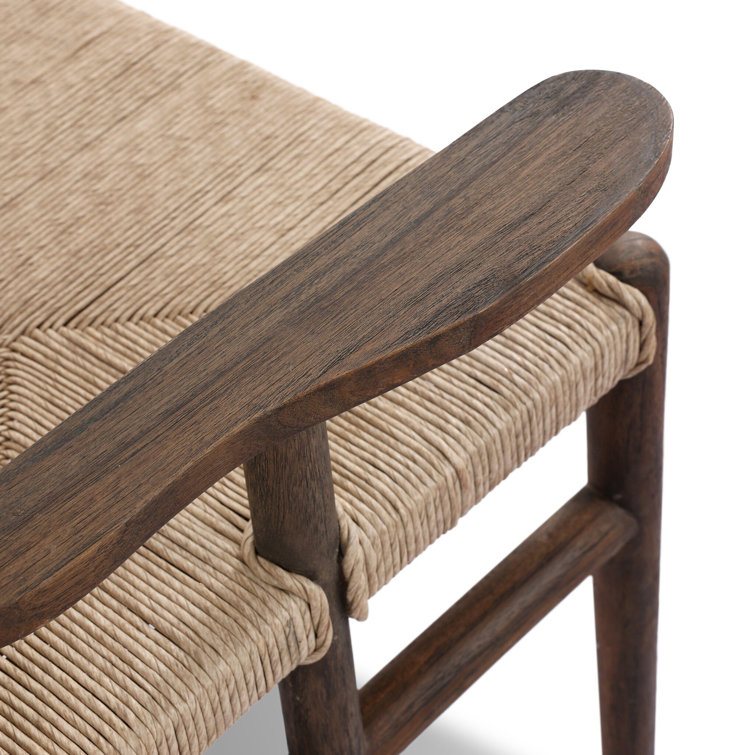 Vintage White and Saddle Brown Woven Teak Outdoor Dining Armchair