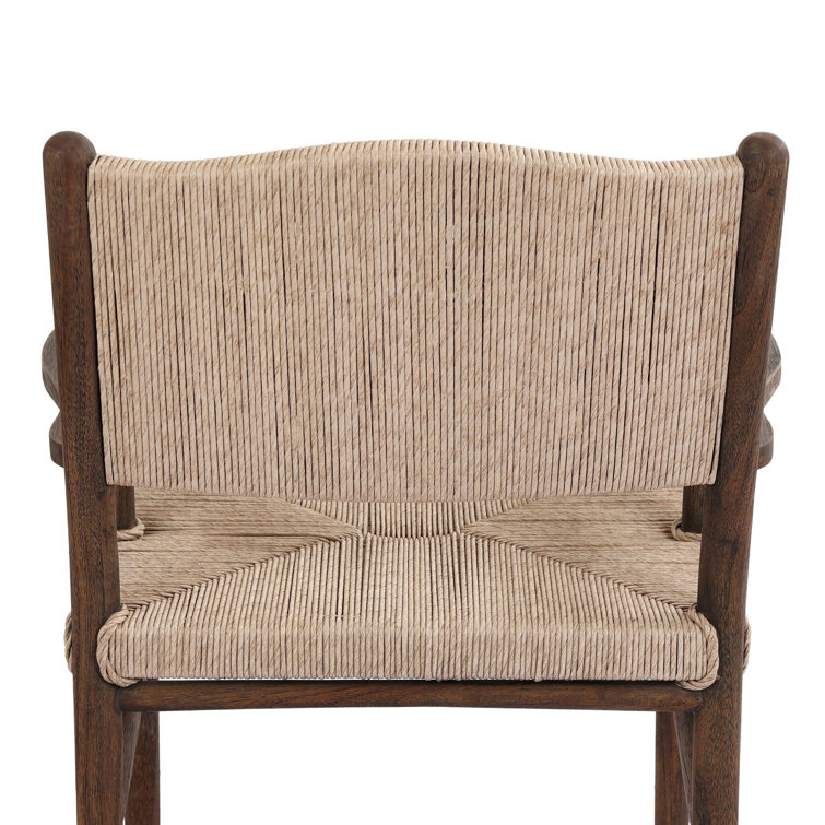 Vintage White and Saddle Brown Woven Teak Outdoor Dining Armchair