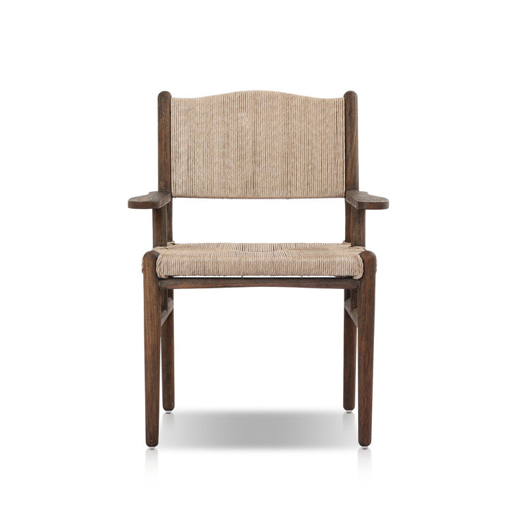 Vintage White and Saddle Brown Woven Teak Outdoor Dining Armchair