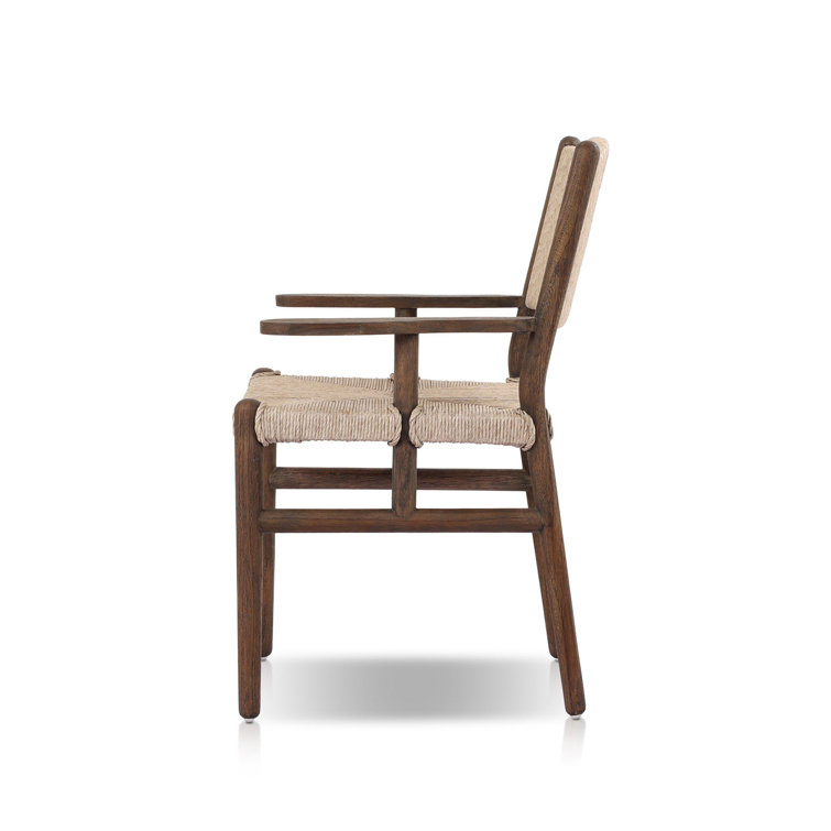 Vintage White and Saddle Brown Woven Teak Outdoor Dining Armchair