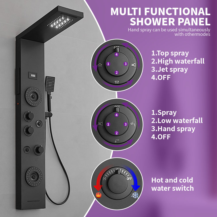 Matte Black 47'' Shower Panel System with LED Light and Body Jets