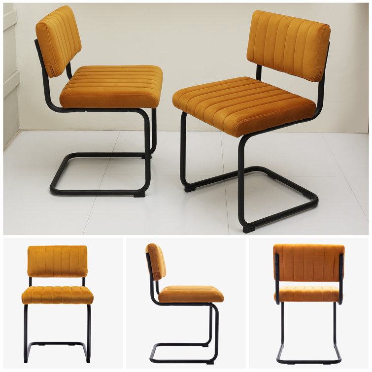 Orange Velvet Upholstered Side Chair with Black Metal Legs, Set of 2
