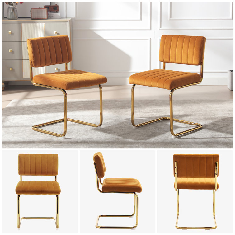 Set of 2 Orange Velvet Upholstered Side Chairs with Gold Metal Legs