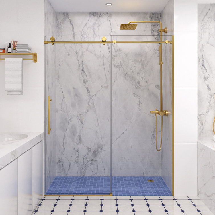 Brushed Gold Frameless Sliding Shower Door with Clear Tempered Glass