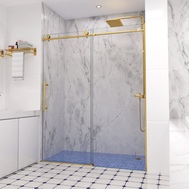 Brushed Gold Frameless Sliding Shower Door with Clear Tempered Glass