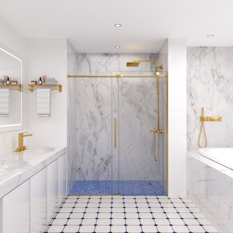 Brushed Gold Frameless Sliding Shower Door with Clear Tempered Glass