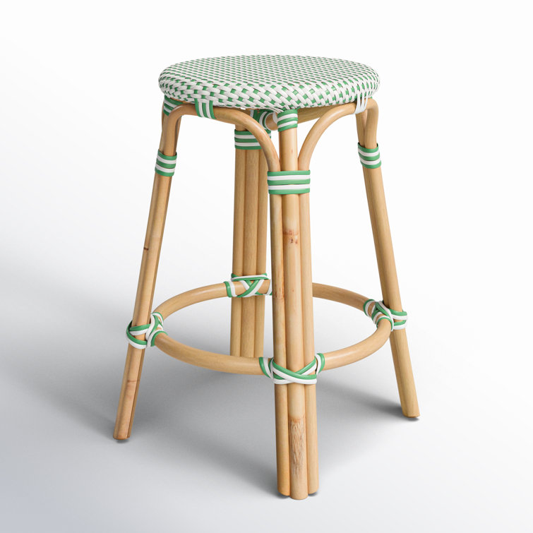 White and Green Dot Rattan Backless Counter Stool
