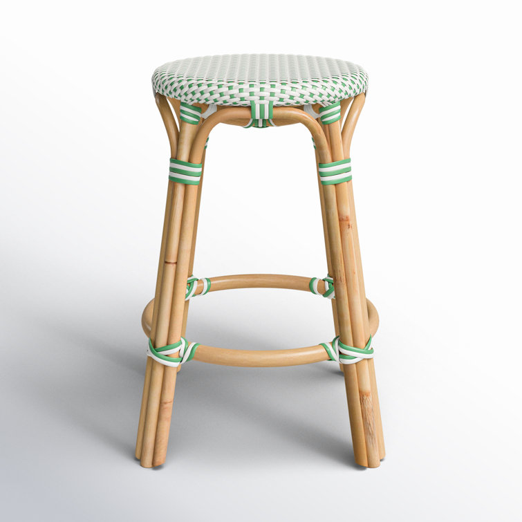 White and Green Dot Rattan Backless Counter Stool
