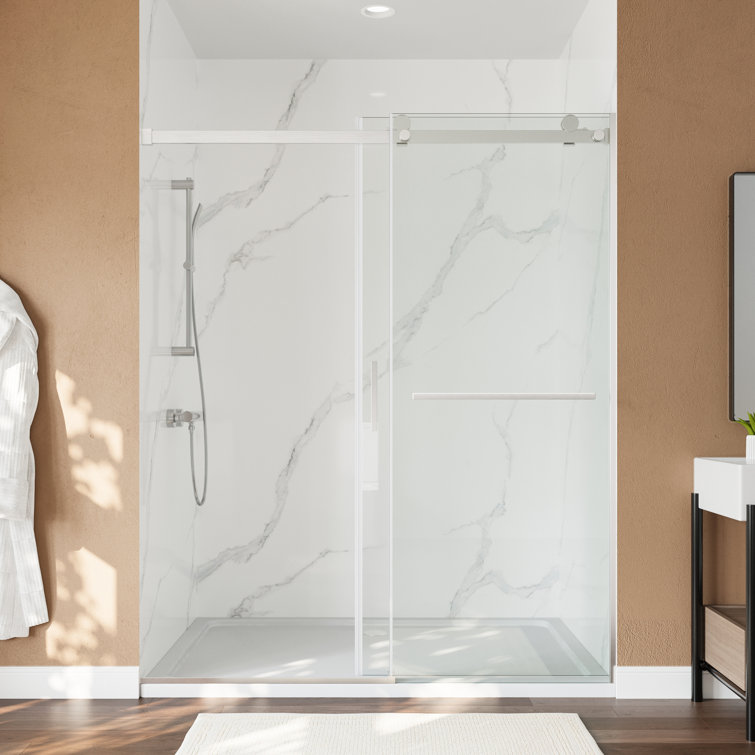 Brushed Nickel Frameless Sliding Shower Door with Clear Tempered Glass