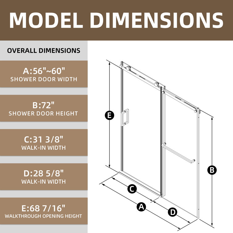 Brushed Nickel Frameless Sliding Shower Door with Clear Tempered Glass