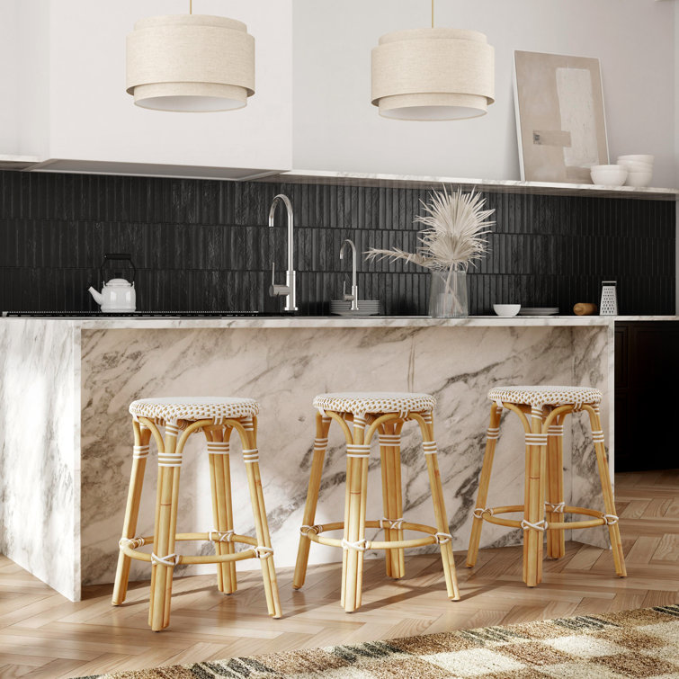 Beige and White Rattan Backless Counter Stool, 24"