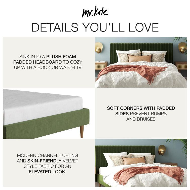 Ivory Velvet Full Upholstered Bed with Tufted Headboard and Slats