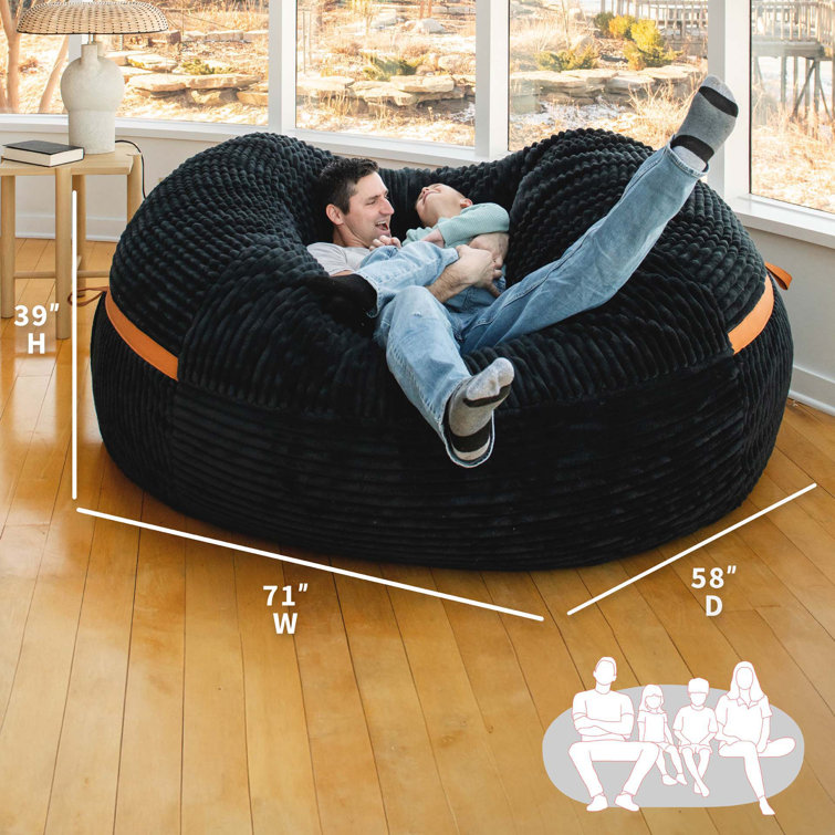 XXL Black Licorice Corded Plush Bean Bag Chair with Removable Cover