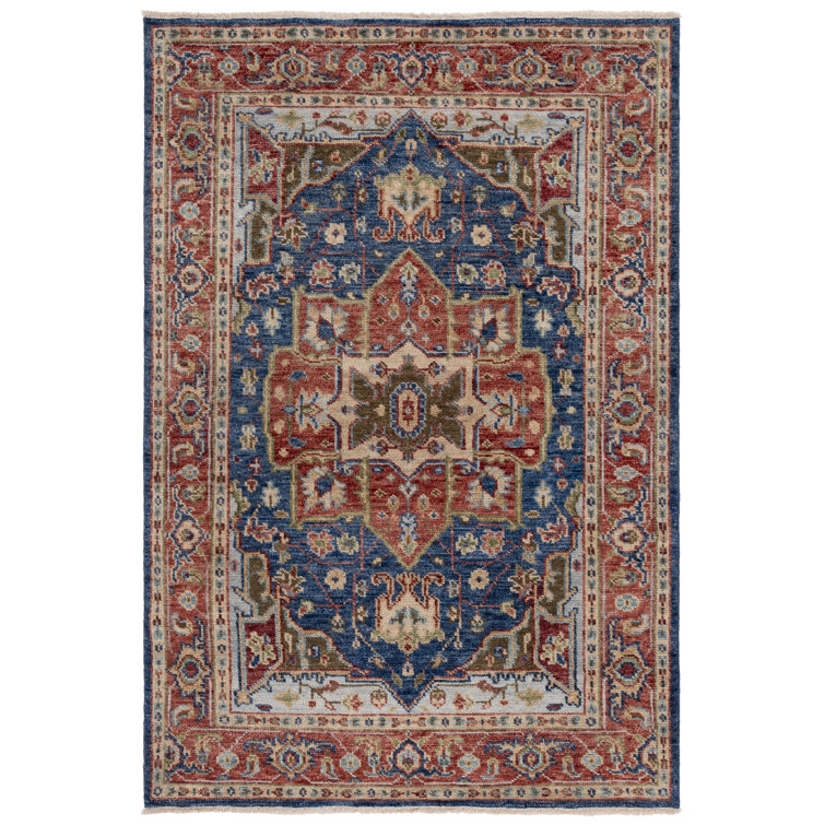 Navy and Rust Hand-Knotted Wool 8' x 10' Traditional Area Rug
