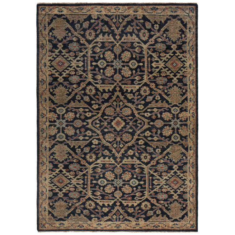 Hand-Knotted Blue and Gold Wool 6' x 9' Rug
