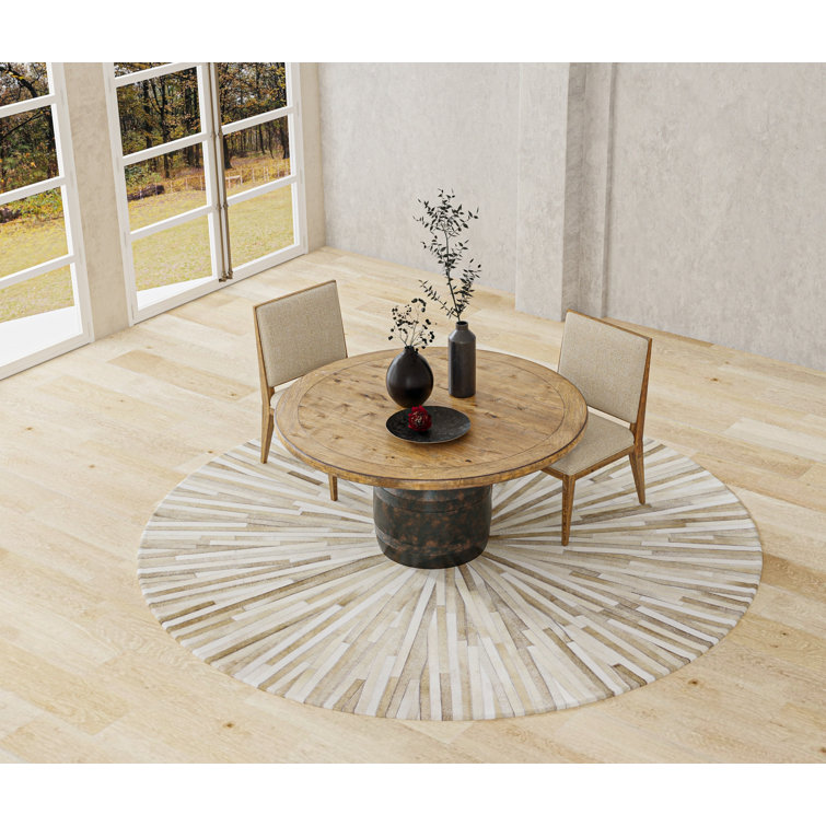 Gray Round Geometric Cotton and Cowhide Area Rug