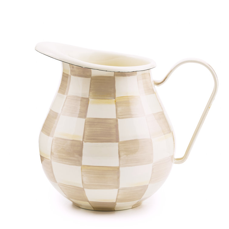 Mocha Check Enamel Pitcher with Hand-Painted Brown and White Checks