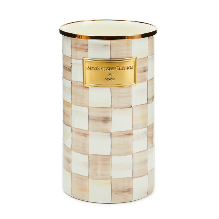 Tall Mocha Check Enamel Cylinder Utensil Holder
