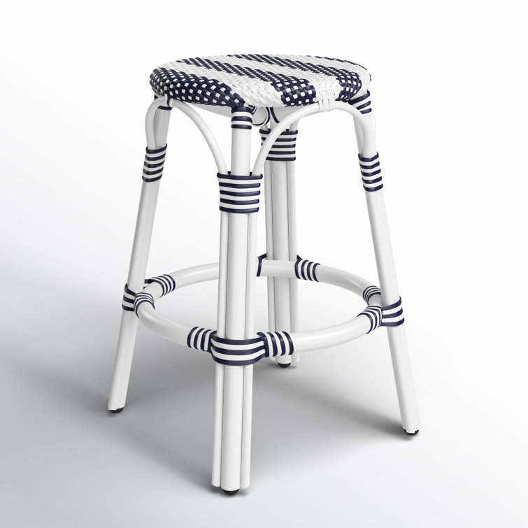 Coastal Elegance White & Navy Stripe Rattan Counter Stool