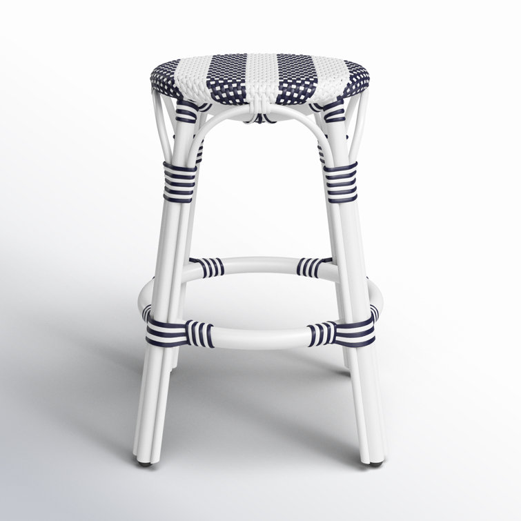 Coastal Elegance White & Navy Stripe Rattan Counter Stool