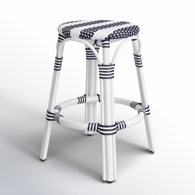 Coastal Elegance White & Navy Stripe Rattan Counter Stool