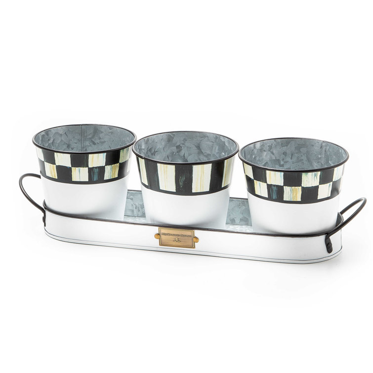 Spectator Black and White Galvanized Herb Pots with Tray, Set of 3