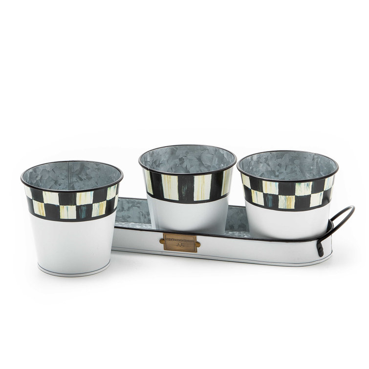 Spectator Black and White Galvanized Herb Pots with Tray, Set of 3