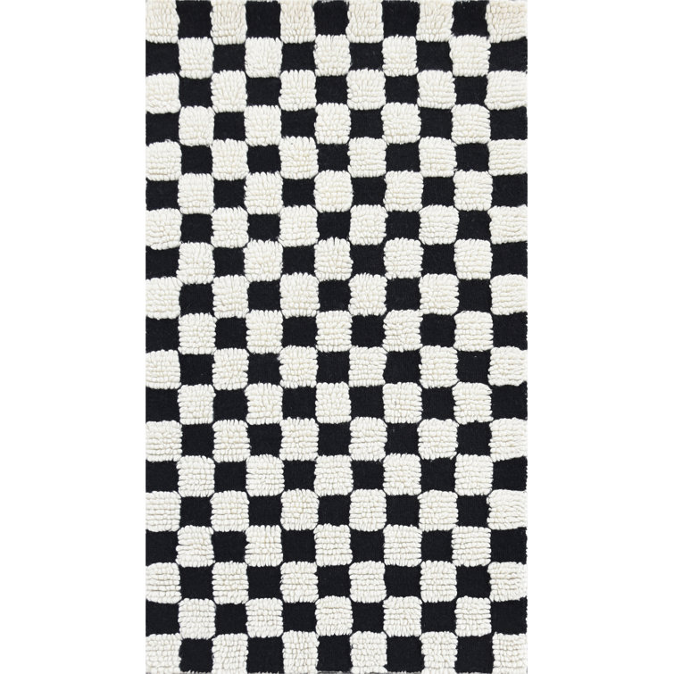 Handmade Black and White Wool Tufted Checkerboard Rug