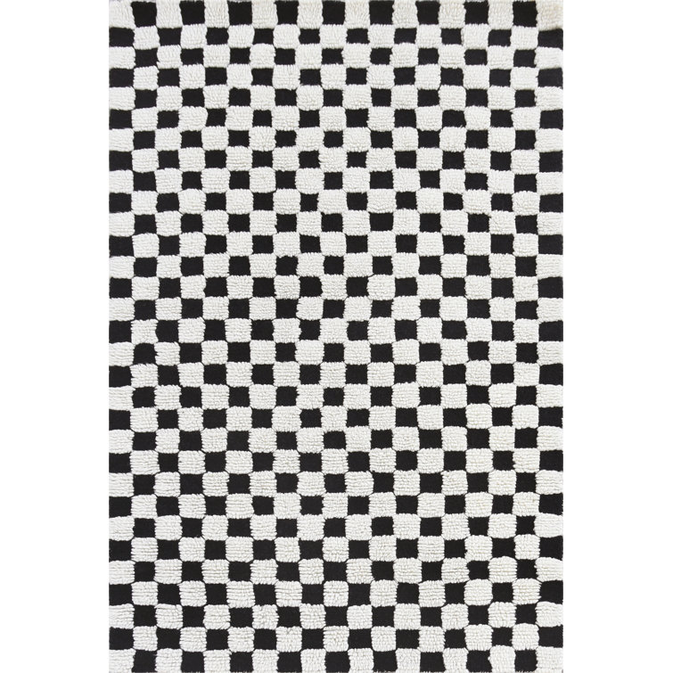 Handmade Black and White Wool Tufted Checkerboard Rug, 5' x 8'