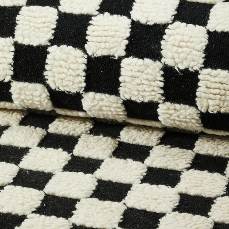 Handmade Black and White Wool Tufted Checkerboard Rug, 5' x 8'