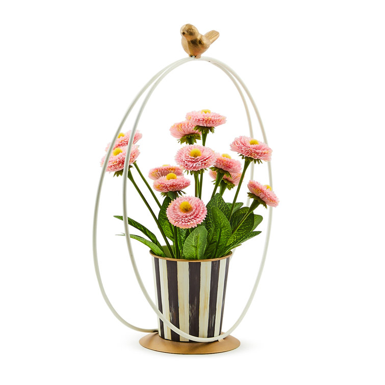 Pink Daisy Artificial Floral Arrangement in Striped Metal Vase